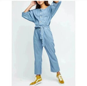 Free People Cotton Blend Loco Blue Button Down Oversized Marley Jumpsuit(XS)NWT
